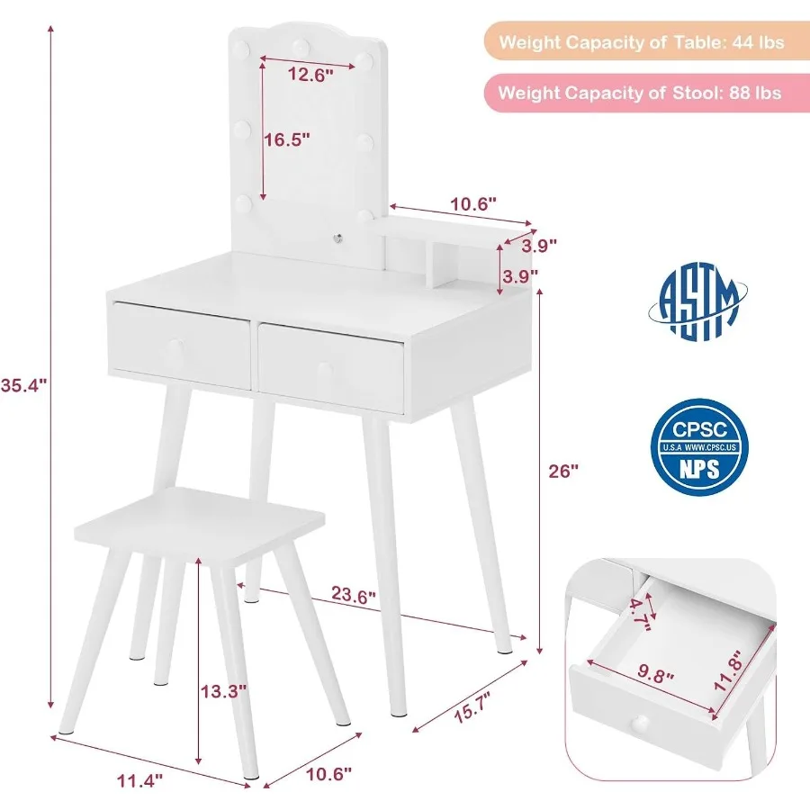 Vanity with Light, Girls Makeup Dressing Table and Chair Set