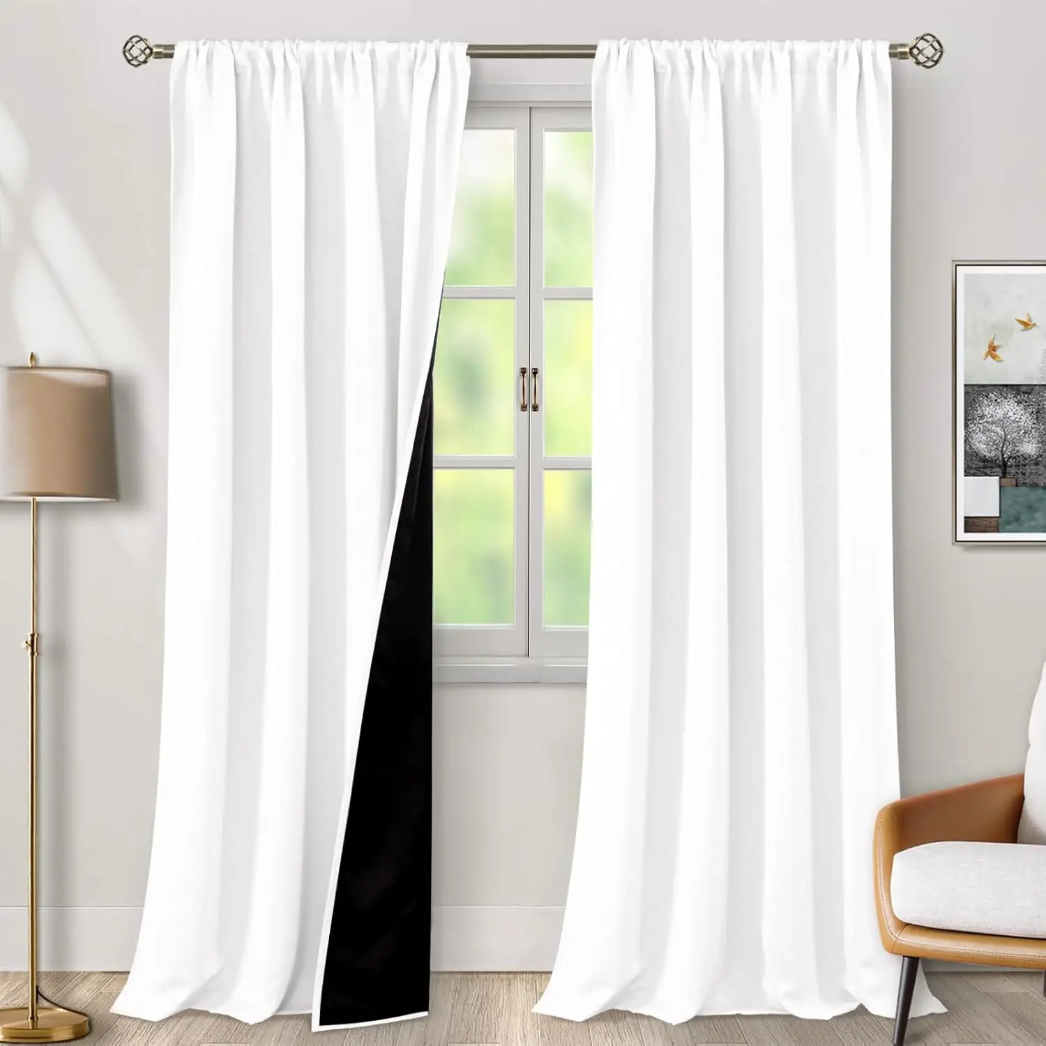 

White Blackout Curtains 95 Inches Long 2 Panels Thermal Insulated Noise Reducing Window Drapes for Living Room, Each Panel 52
