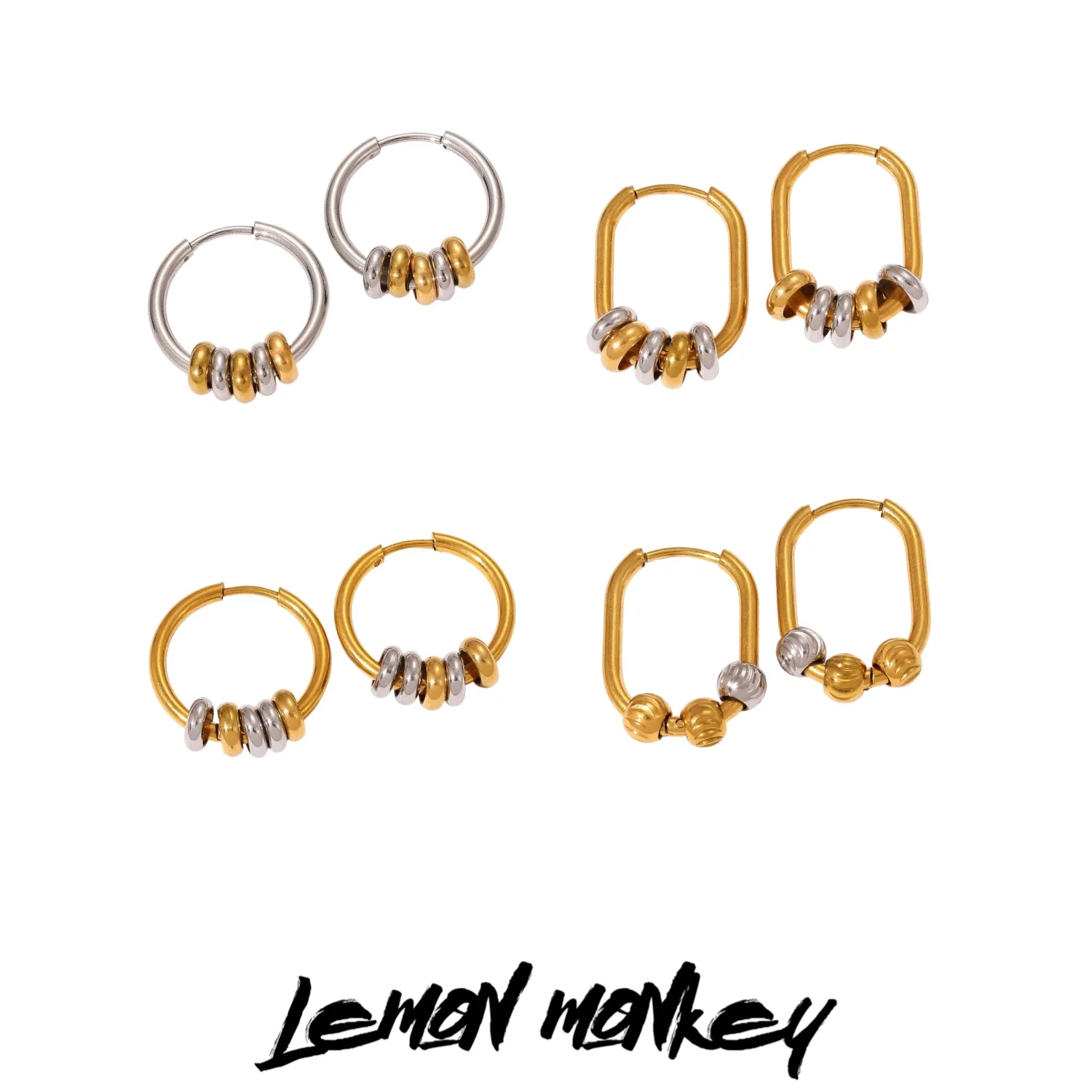 

Two-tone round bead hoop earrings Stainless steel geometric 18k gold plated Christmas Party Jewelry Gift