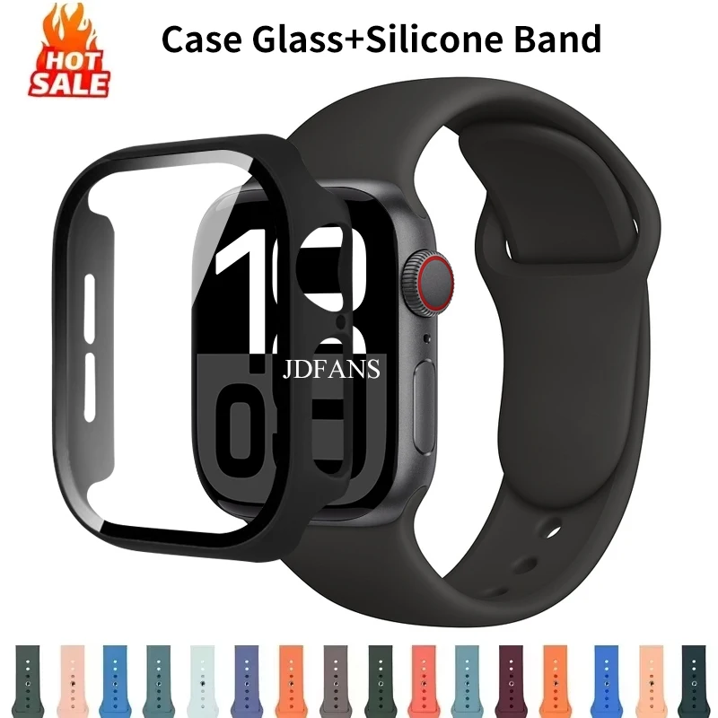 

Strap For Apple Watch Band 46mm 44mm 41mm 41mm 40mm 38mm 42mm Watch Case Glass+Silicone Bracelet iwatch Series 10 9 8 7 6 5 4 SE