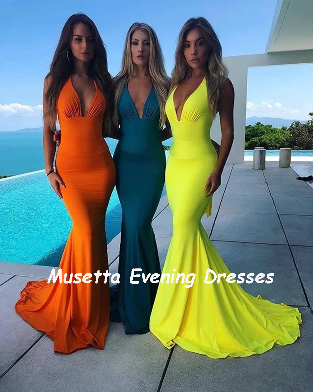 Musetta-Vestidos de Noche de sirena amarillos sexys, Espalda descubierta, Halter Simple, vestido de graduación largo barato, vestidos de fiesta de boda de tren personalizados