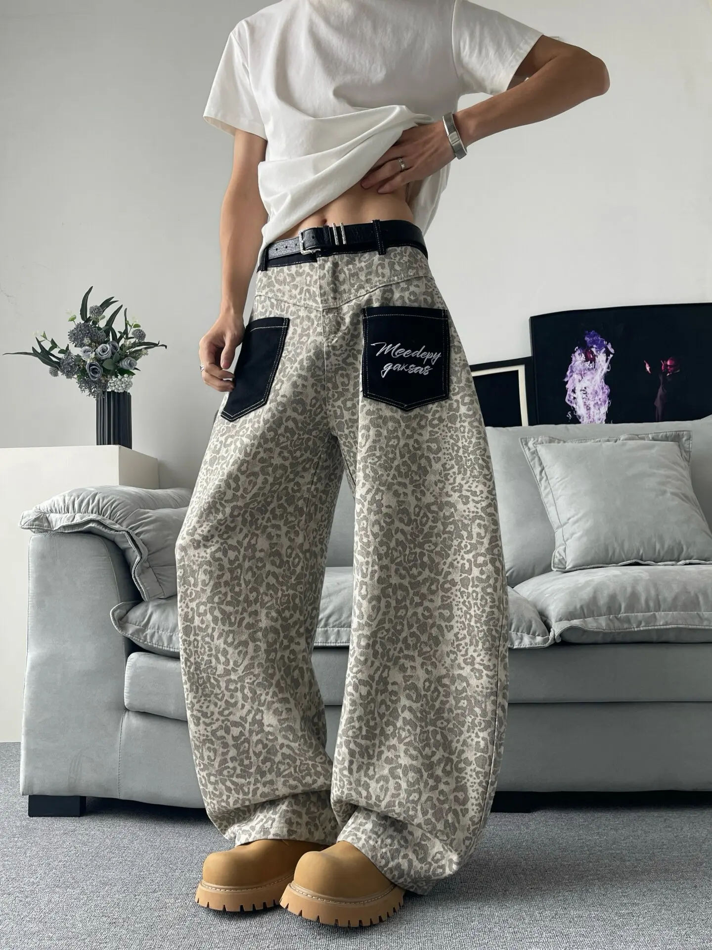 

American Street Style Leopard Print Wide Leg Jeans Men High Street Retro Washed Patchwork Pocket Drag Floor Length Trousers