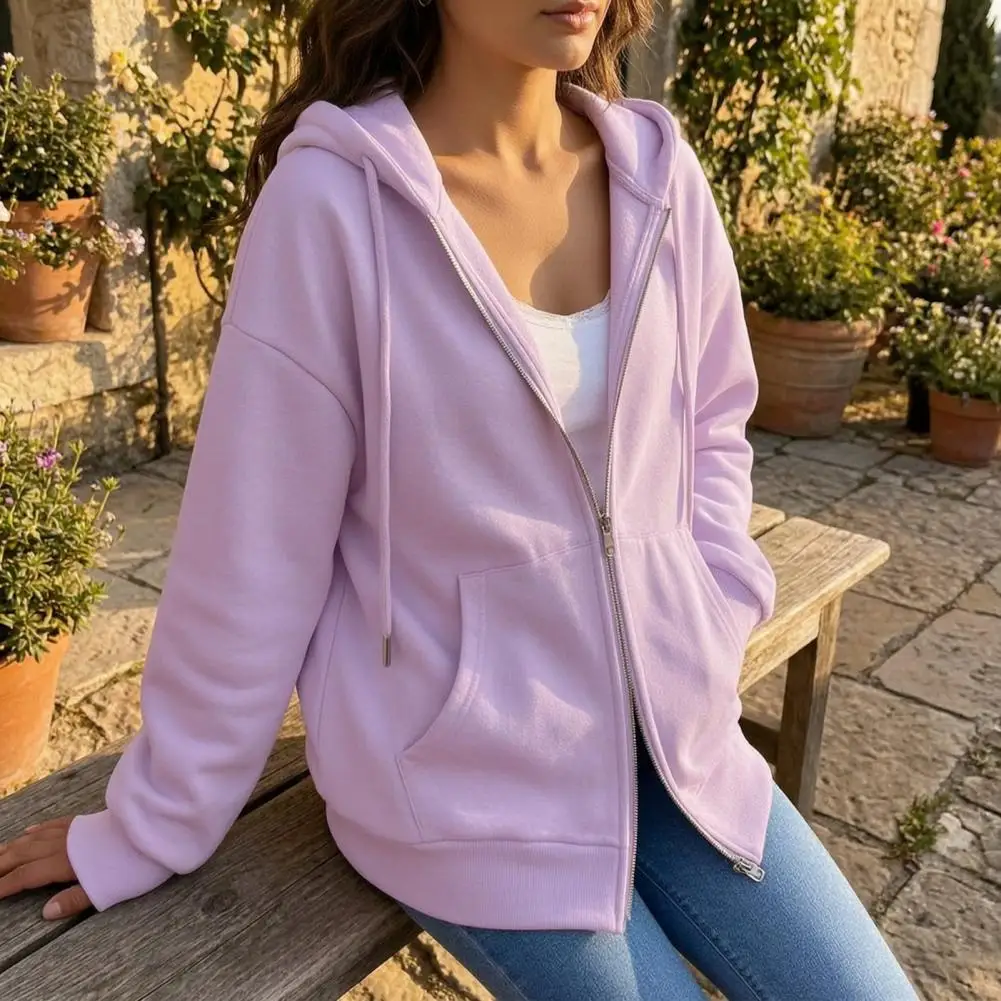 Hooded Solid Women Hoodies Zipper Sweatshirt Long Sleeve Cardigan Outerwear Loose Fit Casual Pockets Autumn 2026 Spliced