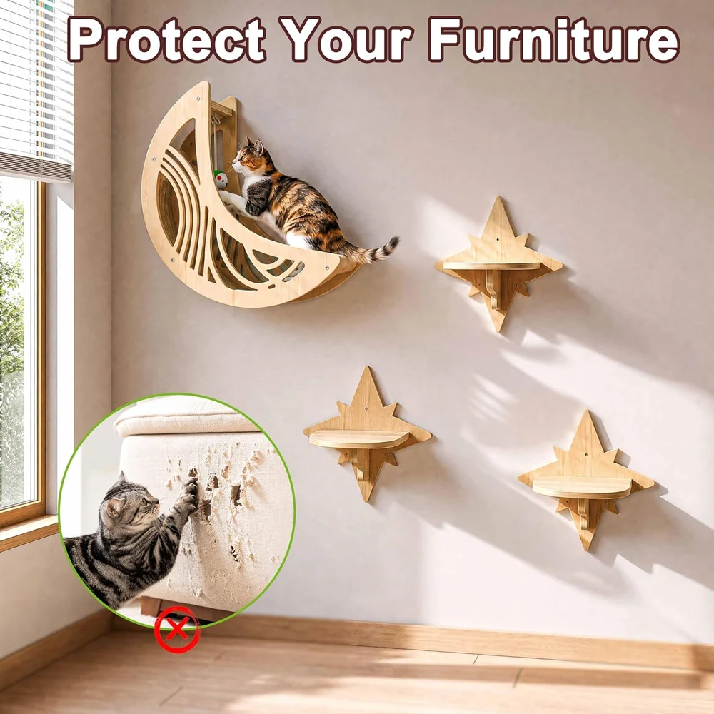 Mond & Stern Katzen-Wandregale: Moderner Holz-Katzenbaum mit Bett, Hängematte und Klettermöglichkeiten für Hauskatzen – Zubehör – Detail 7