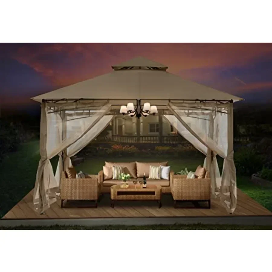 Outdoor Steel Fe Gazebo with Mosquito Netting for Patio Lawn Backyard Garden Deck in Brown and Beige - Durable and Weather-Resi