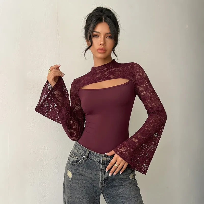 Women Bodycon Long Sleeve Flare Lace Mid Waist Capri Solid Color Jumpsuit Female Clothing Body Sexy Body Femmes One Pieces Tops