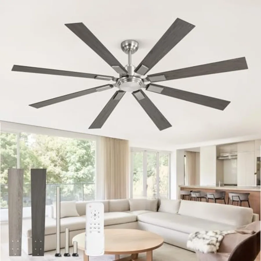 

Outdoor ceiling fan for patios, living room, garage: brushed nickel, 72 inch, quiet reversible DC motor, 6 speeds, 8 blades, no