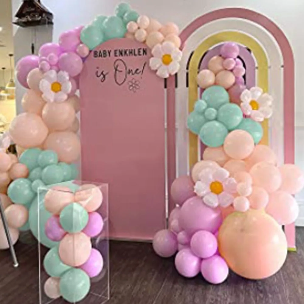 140pcs Daisy Balloon Garland Arch Kit Macaron Purple Green Nude Yellow Latex Balloons for Boho Two Groovy Birthday Party Decors