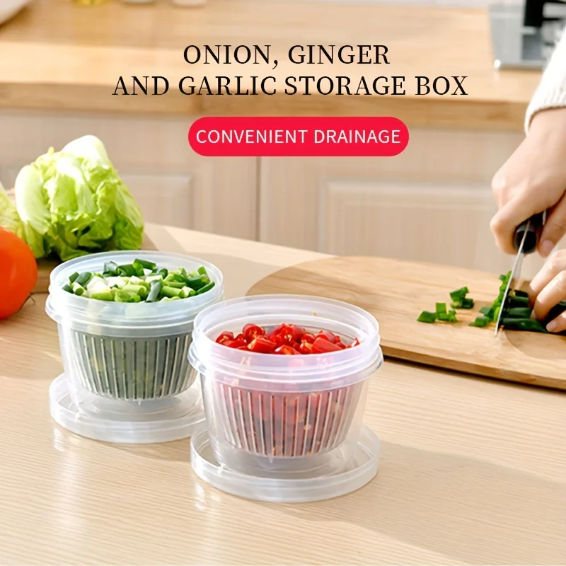 Kitchen Fruit Vegetable Storage Box With Top Lid Drain Basket Refrigerator Freezer Seal Crisper Onion Side Dish Kitchen Storage