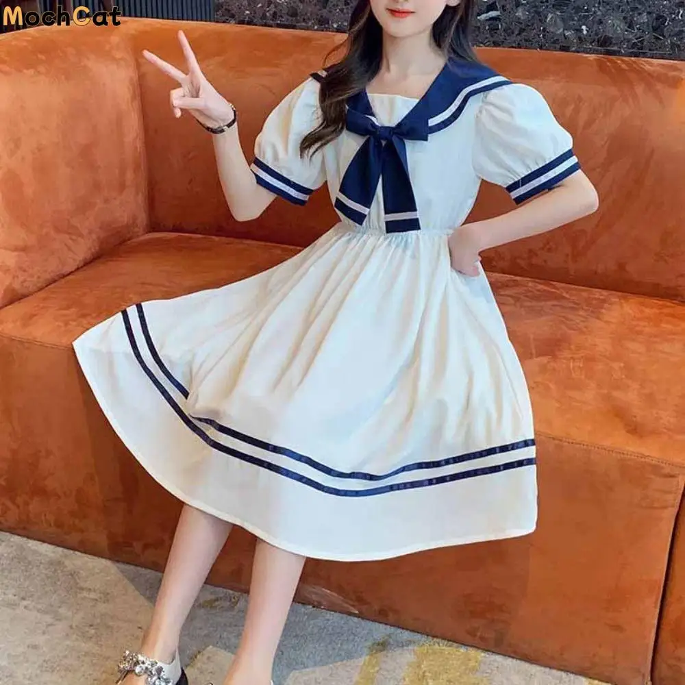 

Sweet Bow Girls Preppy Style Dress Pleated Teenagers Summer Kids Dresses Party Beach Vacation Children Princess Dress Summer
