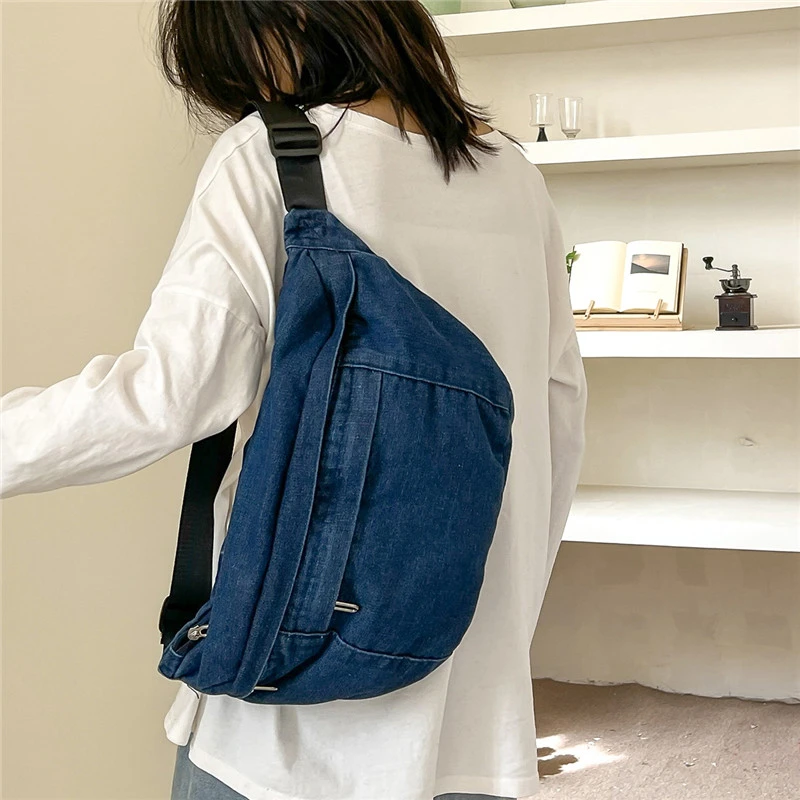 retro Denim Women Waist Bag College Style Chest Pack Casual Fanny Pack Large Capacity Unisex Shoulder Crossbody Bag and Belt Bag