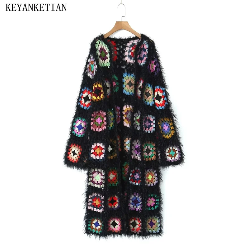 

KEYANKETIAN New Women's Tassel Contrast Color Plaid Hollow out Handmade Long Sweater Cardigans Boho Holiday wind Soft Knitwear