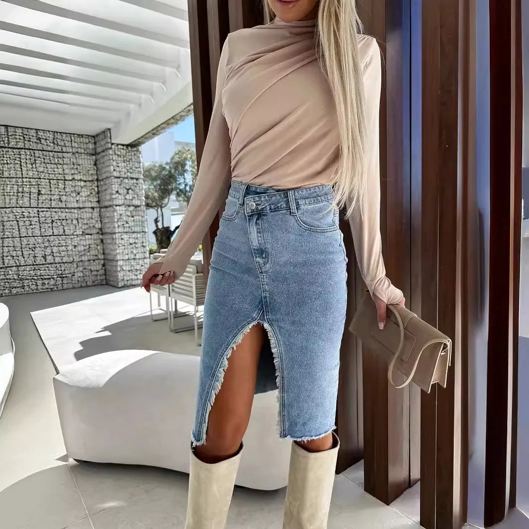 Women Spring Summer New Slit Fashion Casual Solid Color Denim Skirt High Waist Sexy Slim Skinny Ankle Length Skirt