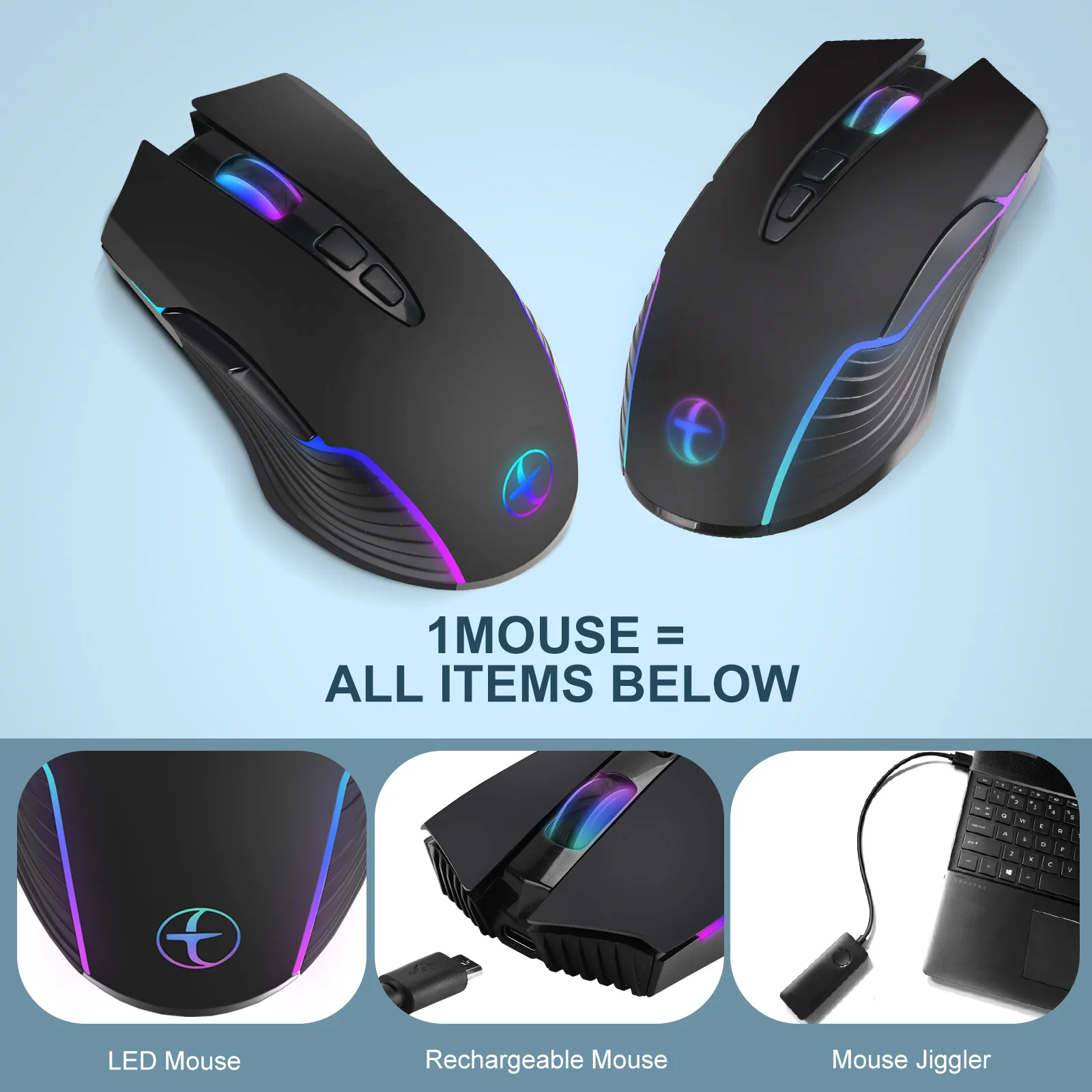 Rechargeable Auto Anti-Sleep Mouse Mover, Silent Click USB Mouse with RGB Marquee Light, Business Office & Gaming Computer Mice