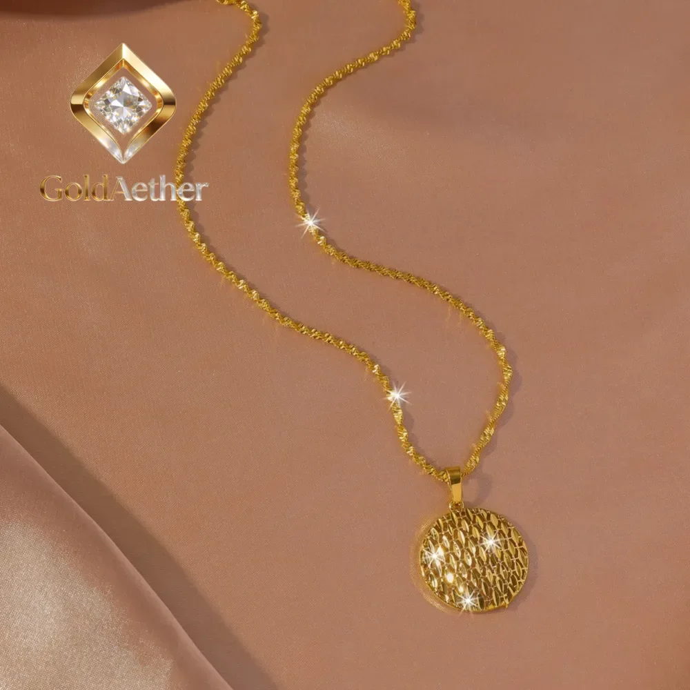 

GoldAether High-end Design Versatile Women's 9999 24K Real Gold Geometric Round Pendant Necklace Hollow Pendantgift