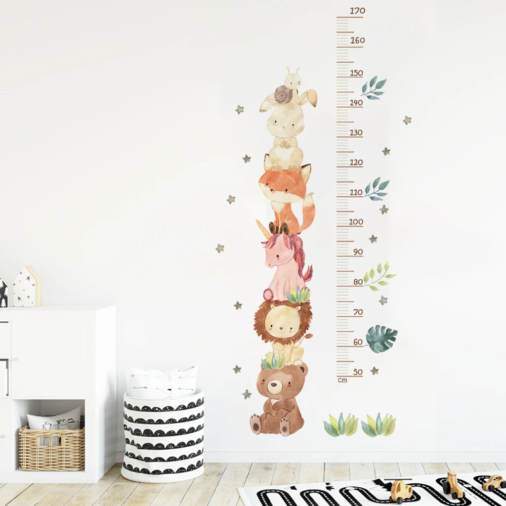 Nordic Animal Bear Lion Bunny Height Measure Wall Stickers Kids Grow Chart Wall Decals for Kids Room Baby Nursery Room PVC