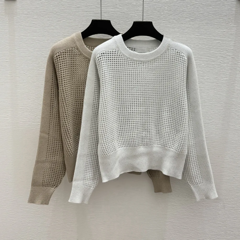 Round Neck Hollow Knitted Sweater for Women, Long Sleeved Breathable Loose Fitting Pullover