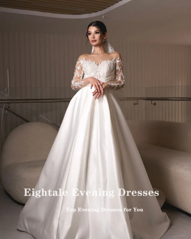 Eightale Nuovo Abito da Sposa O-Collo Personalizzato Bianco Avorio A-Line Appliques Pizzo Manica Lunga Abito da Sposa in Raso Robe De Mariée