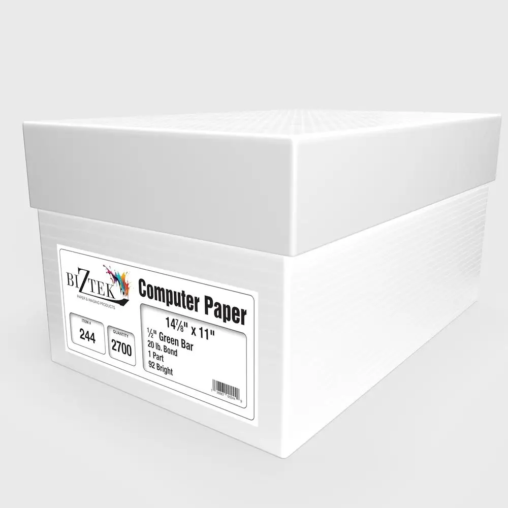 

Continuous Form Computer Paper, 14.875 x 11, Single Part, 92 Whiteness, 20 lb, 0.5 Green Stripe – 2,700 Sheets per Box 9113