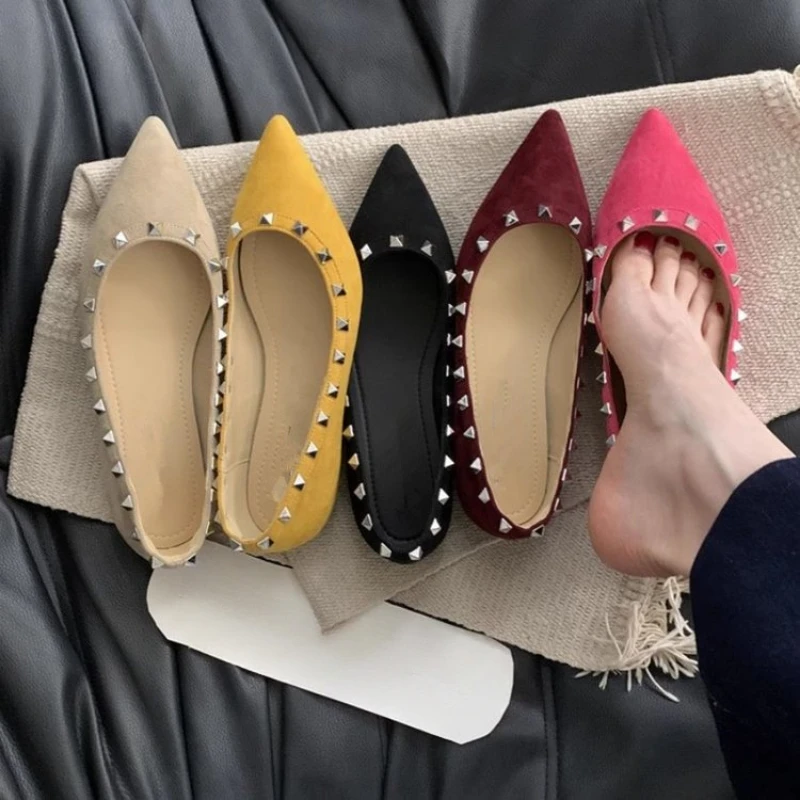 

Womens Studded Flats Pointed Toe Smooth Matte Slip On Loafers Elegant Rivets Dress Party Casual Walking Shoes Plus Size Footwear