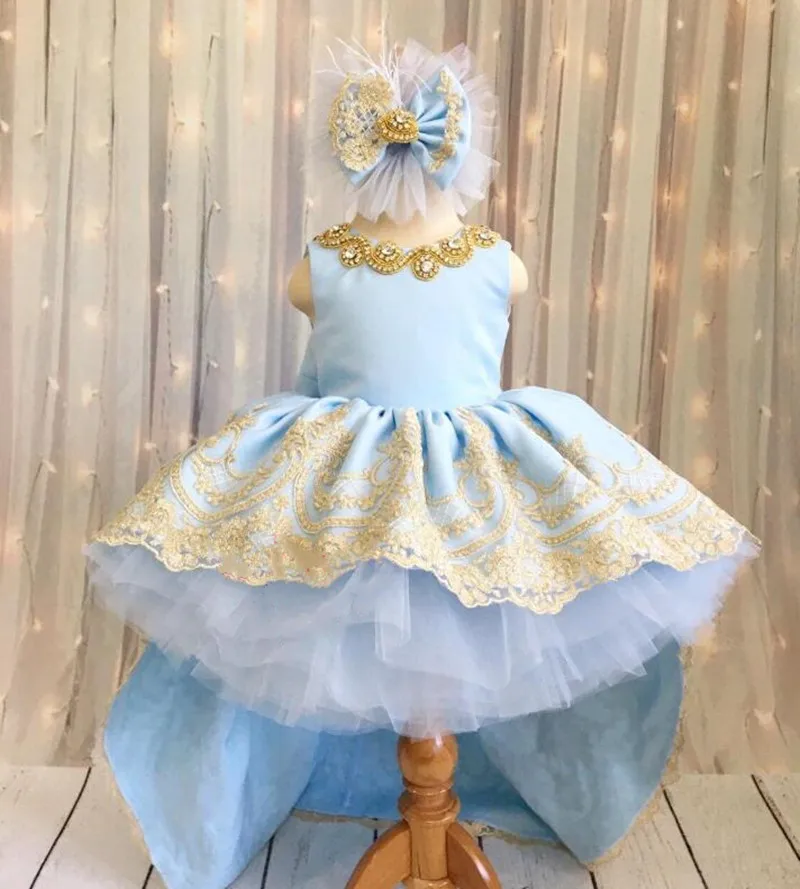 

Puffy Blue Satin Flower Girl Dress Gold Lace Children Wedding Party Dress Cute Tutu Gown Princess Birthday Dresses Big Bow