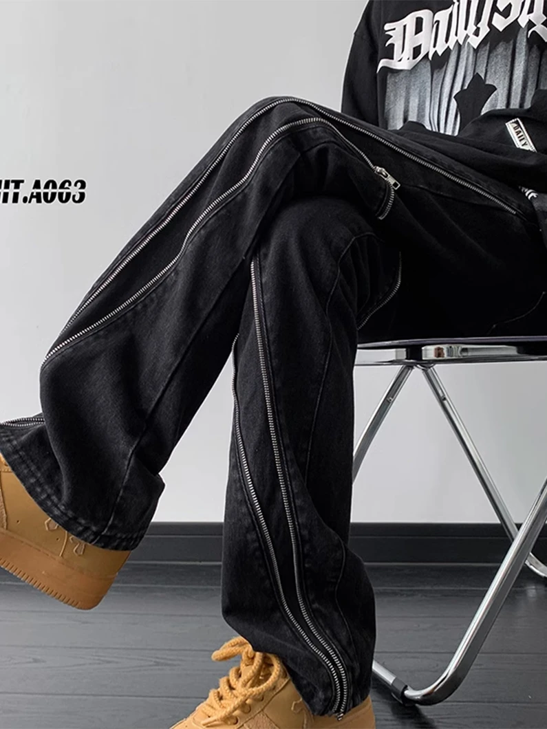

Мужские джинсы American High Street Vibe с молниями, удлиняющие ноги, стильные, прямые, молодежные, трендовые