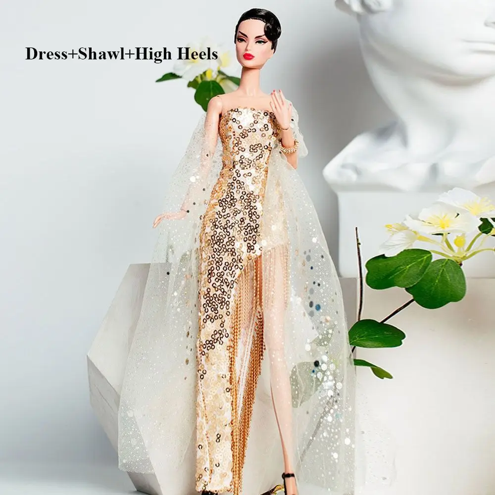 Novo conjunto de vestido dourado de renda europeia diy 6 estilos vestidos de casamento moda boneca roupas acessórios para boneca bjd de 30cm