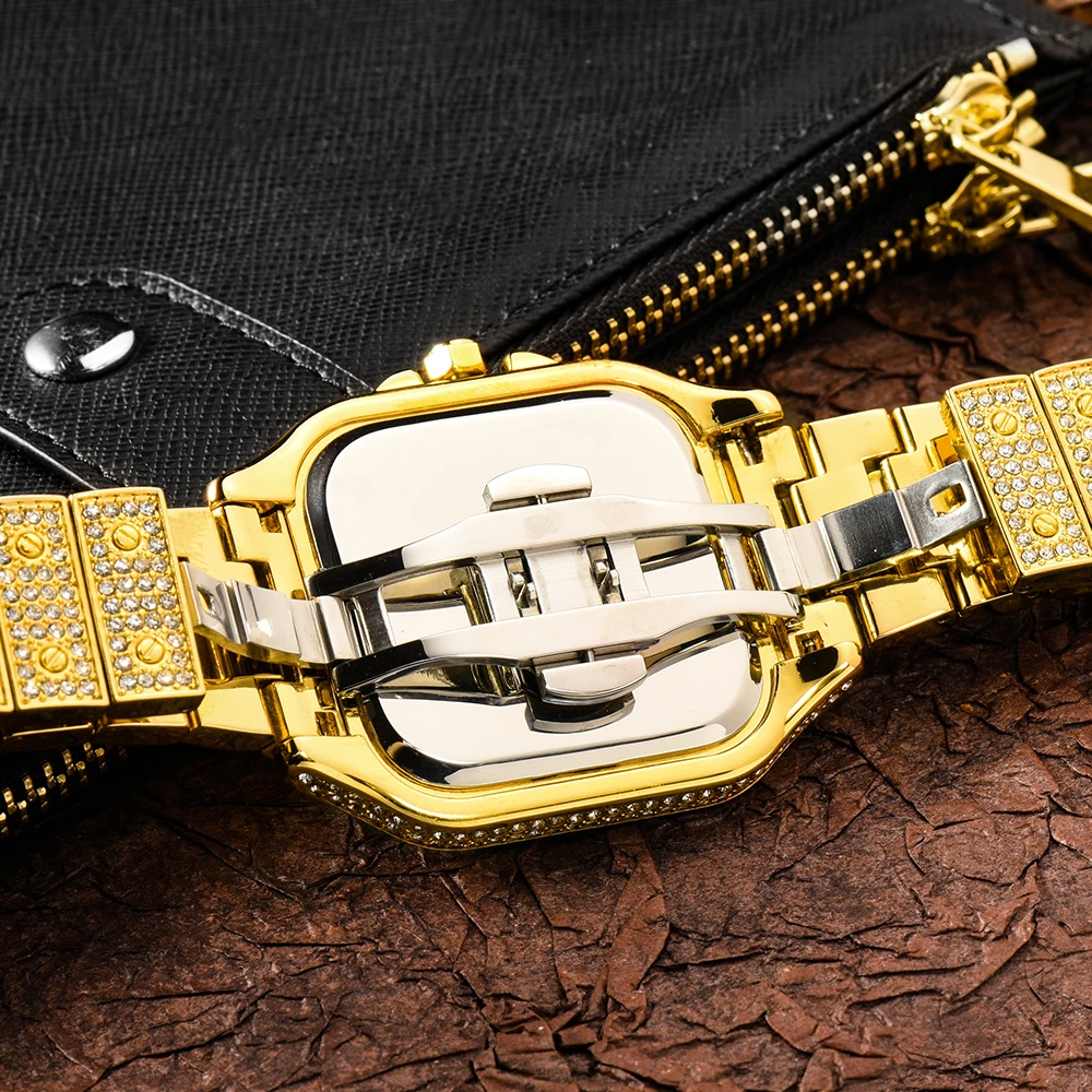 Ultrathin Fashion Crystal Male Watch Luxury Diamond Bracelet Wristwatch Square Full Ice Out Bling Watches For Men Hip Hop Rapper