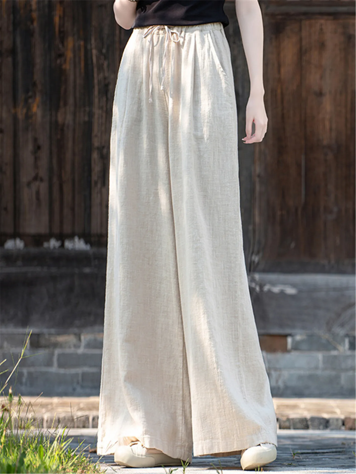 Women's High Waist Wide Leg Pants Linen Material Casual Loose Fit Nine-Tenths Thin Cotton Linen Straight Tube Poplar Pants