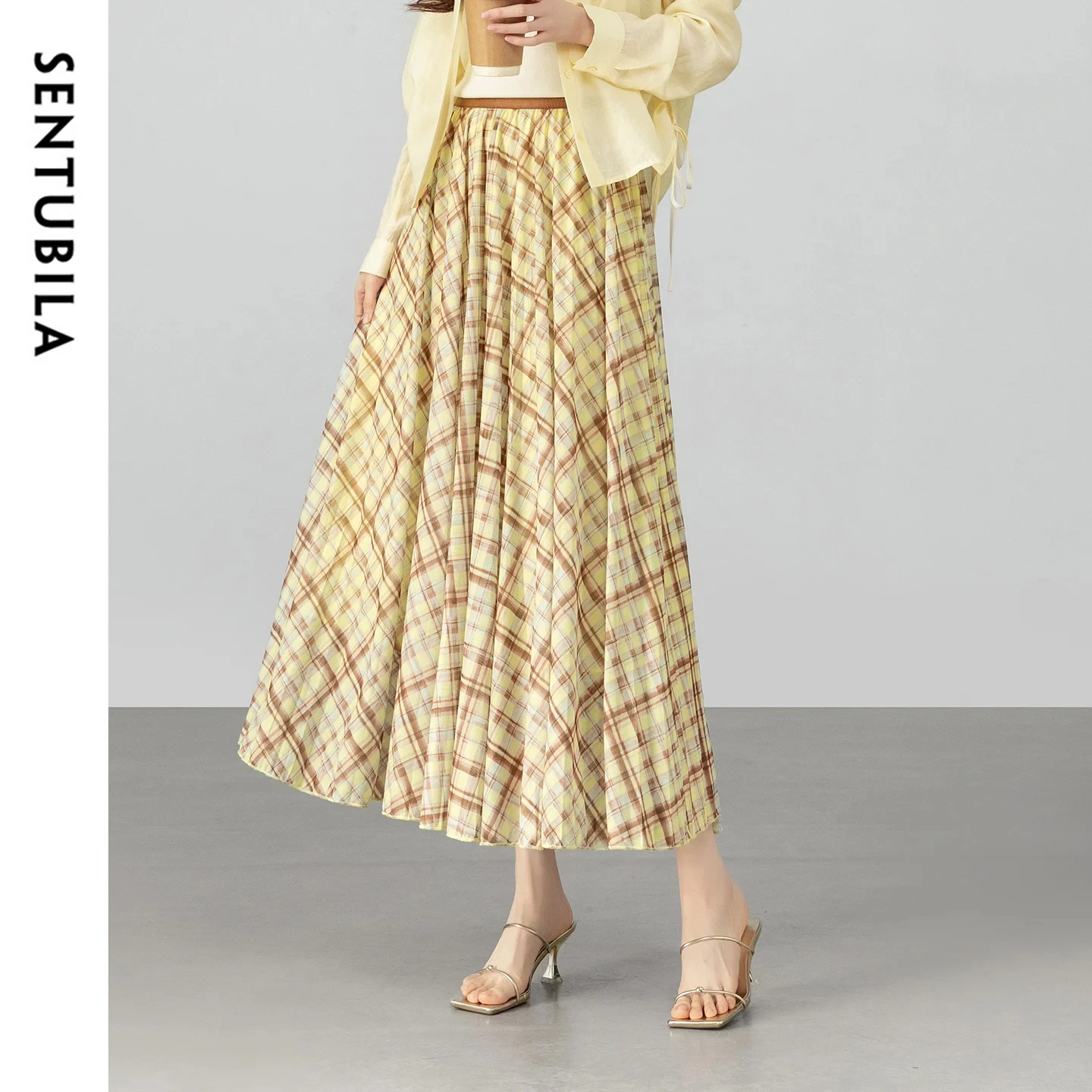 

SENTUBILA Women's Retro Plaid Skirt 2026 Spring New Color Contrast Elastic Waist A-Line Mesh Casual Loose Midi Skirt W61QA6131
