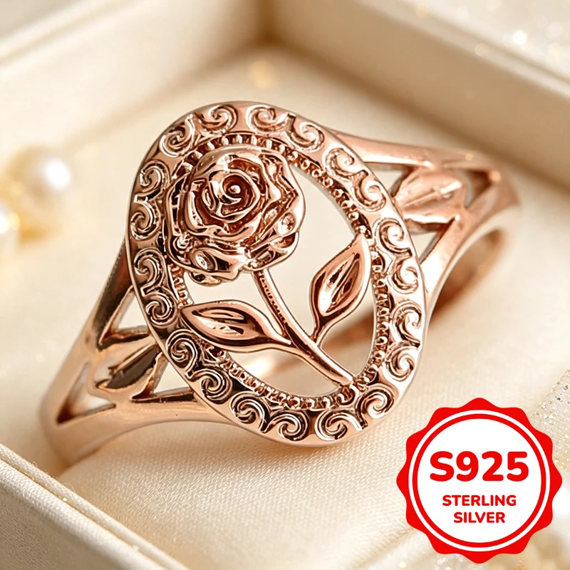 Retro Elegant Authentic S925 Silver Rose Exquisite and Versatile Women's Wedding Ring Ring