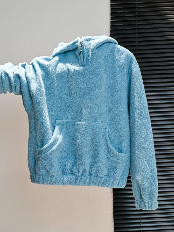Loose Women's Hoodie Kangaroo Pocket Fleece Jacket Lazy Style Blue Velvet Sweatshirt Casual Autumn Outerwear for Ladies