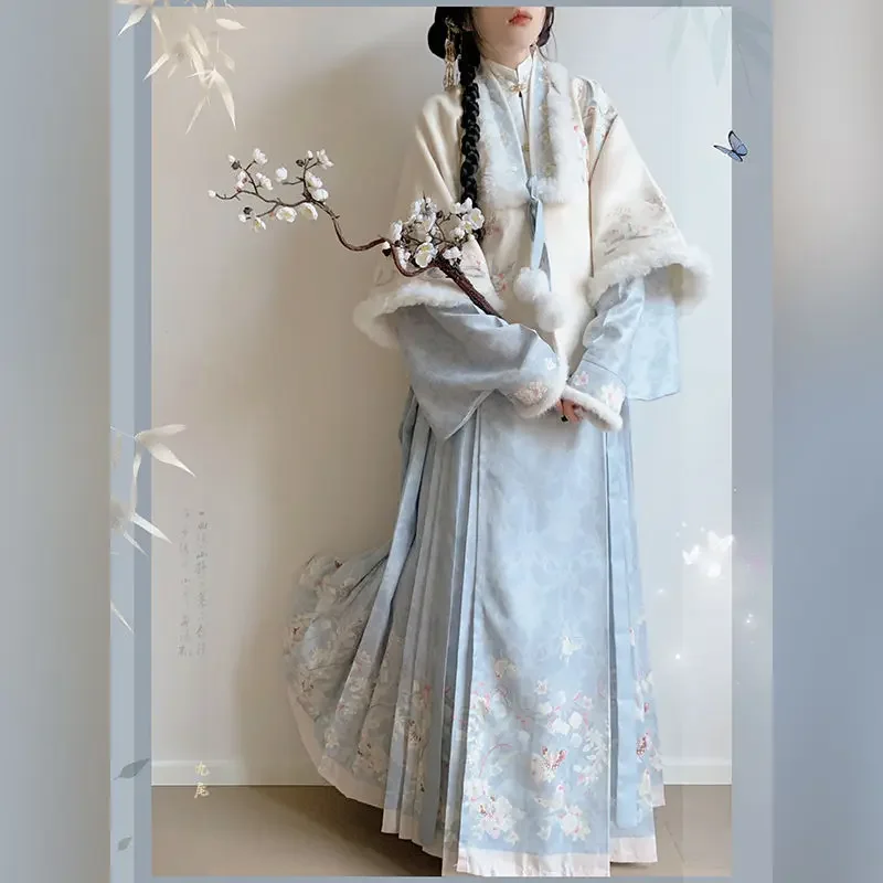 Robe Hanfu d'hiver pour femme, manteau brodé, haut à manches longues, jupe face cheval imprimée, costume chinois Hanfu, sourire beige, vert