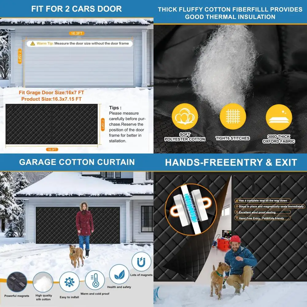 

Thermal Insulated Screen Door, 16.3x7.15FT, 5-Layer Oxford for 2-Car Garages, Hands-Free with 8 Roll-Up Straps, Grey