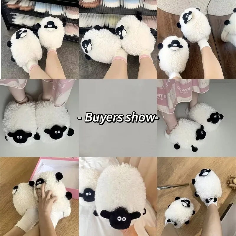 Creative and Cute Cartoon Animal Slippers Lamb Women\'s Soft Fluffy Sheep Cotton Shoes Winter Indoor Fluffy Fur Slides Kawaii