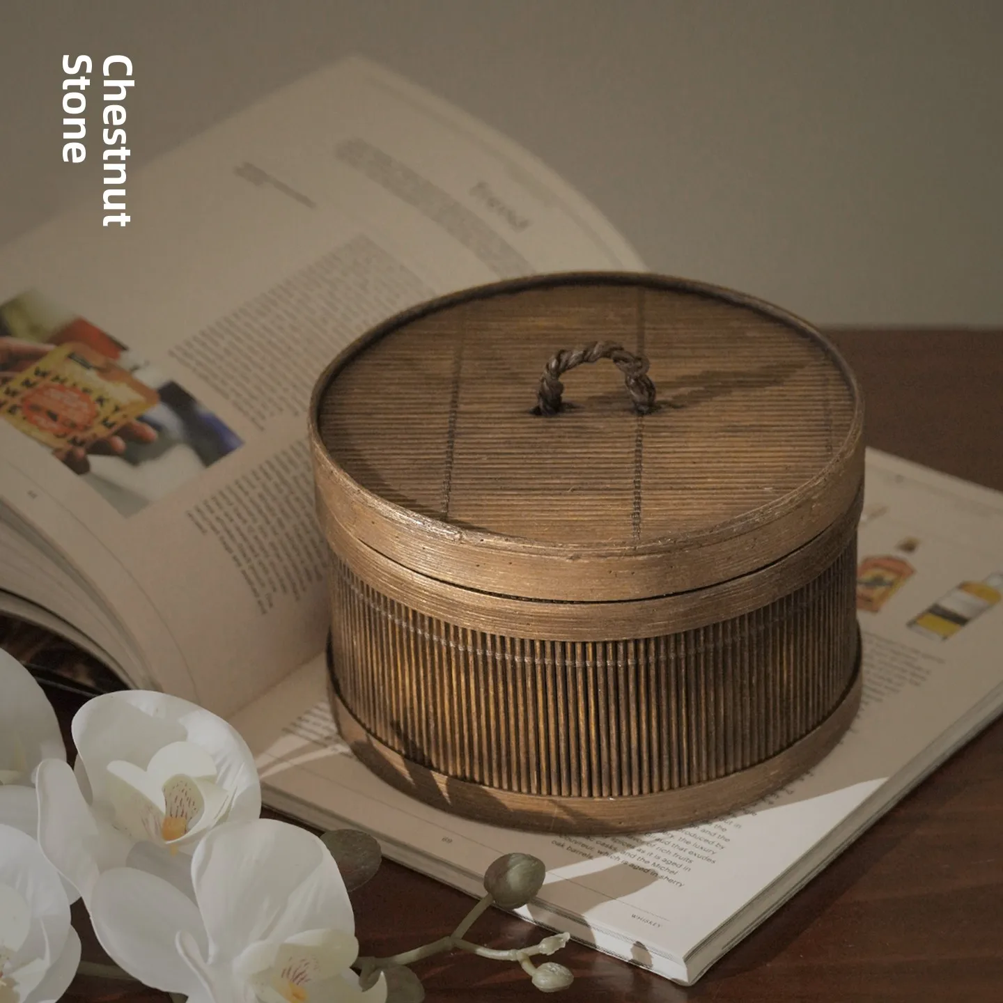 

Retro Chinese Style Bamboo Storage Box round Home Decorations Chestnut Stone Desktop Decoration Creative High-End Sense