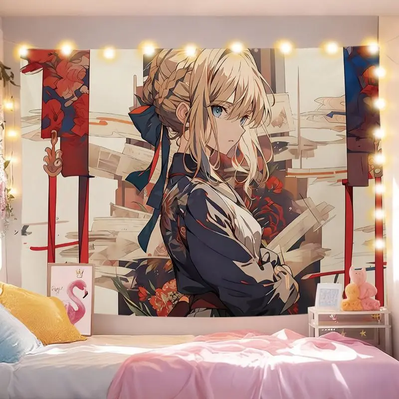 VIKAMA Kawaii Violet Evergarden Anime Girl Tapestry, Soft Fabric Wall Hanging Aesthetic Decor for Dorm Bedroom Home
