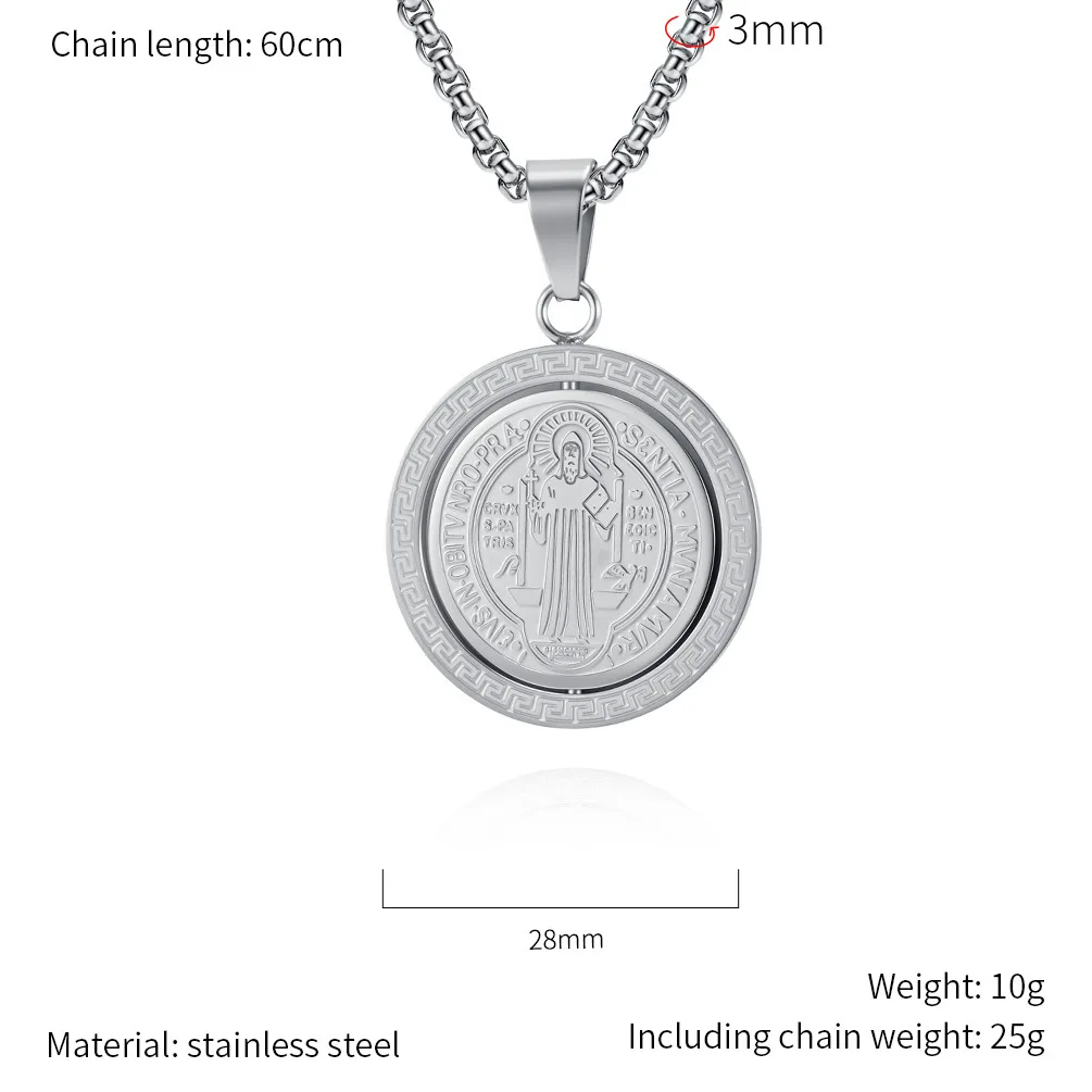قلادة دوارة من الفولاذ المقاوم للصدأ من طارد الأرواح الشريرة سانت بنديكت للرجال على الوجهين