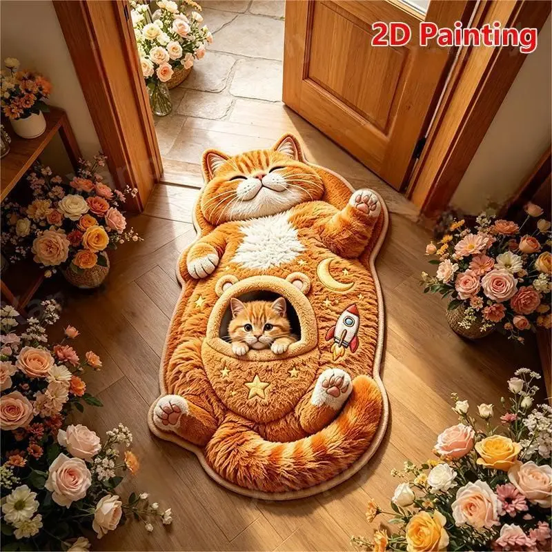 VIKAMA Orange Cat Rug Irregular Shape Pocket Kitten Rocket Moon Non Slip Soft Flannel Floor Mat for Bedroom Cute Kitty Decor