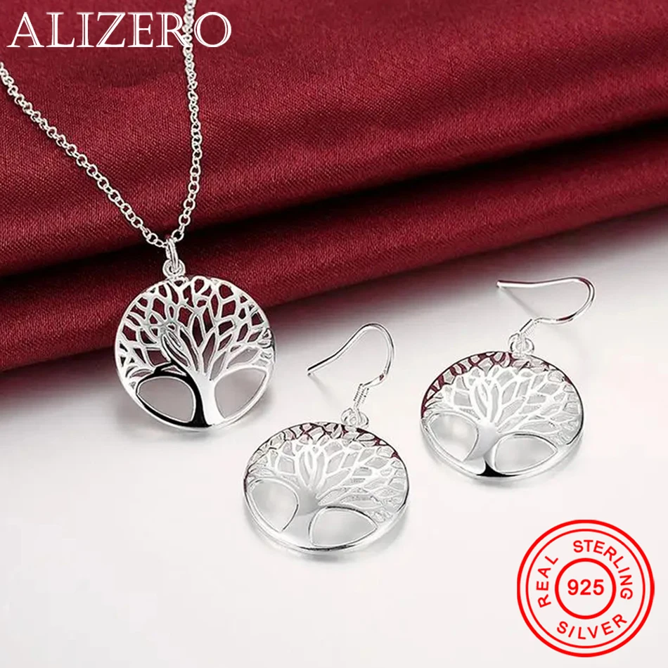 925 Sterling Silver Fine Retro Round Tree Pendant Necklace Earrings Sets For Woman Fashion Party Wedding Jewelry Set Gifts