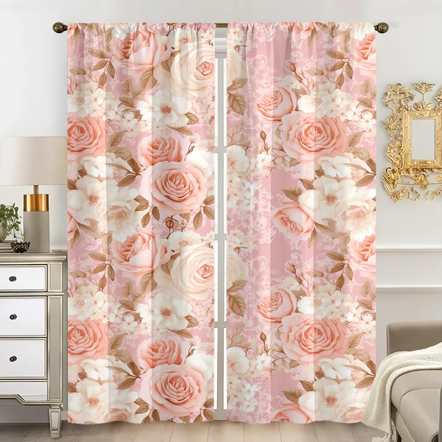 2 Stück mehrfarbige Vorhänge mit rosa Rosen-Blumenmuster, Stangentaschen-Design für Schlafzimmer und Wohnzimmer