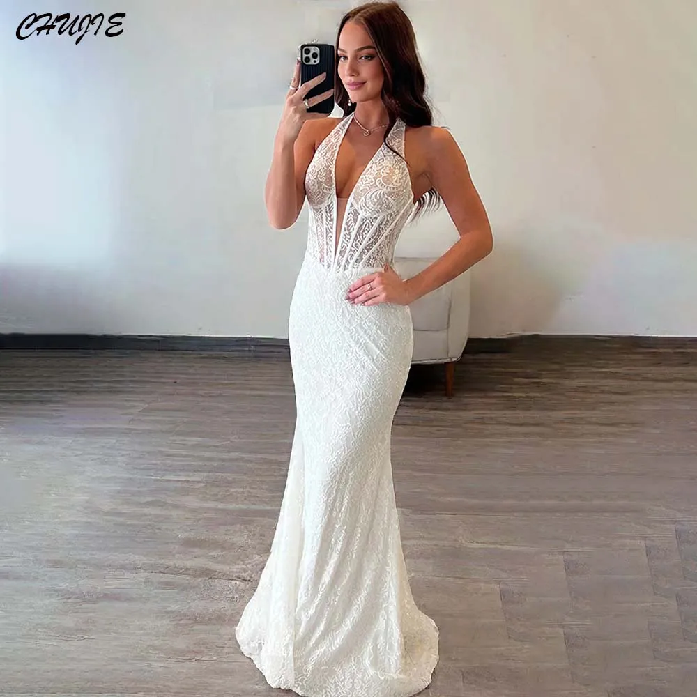 

Full Lace V Neck Halter Prom Dress For Woman Mermaid vestidos de noche Formal Evening Dress Customized Wedding Celebrity Dress
