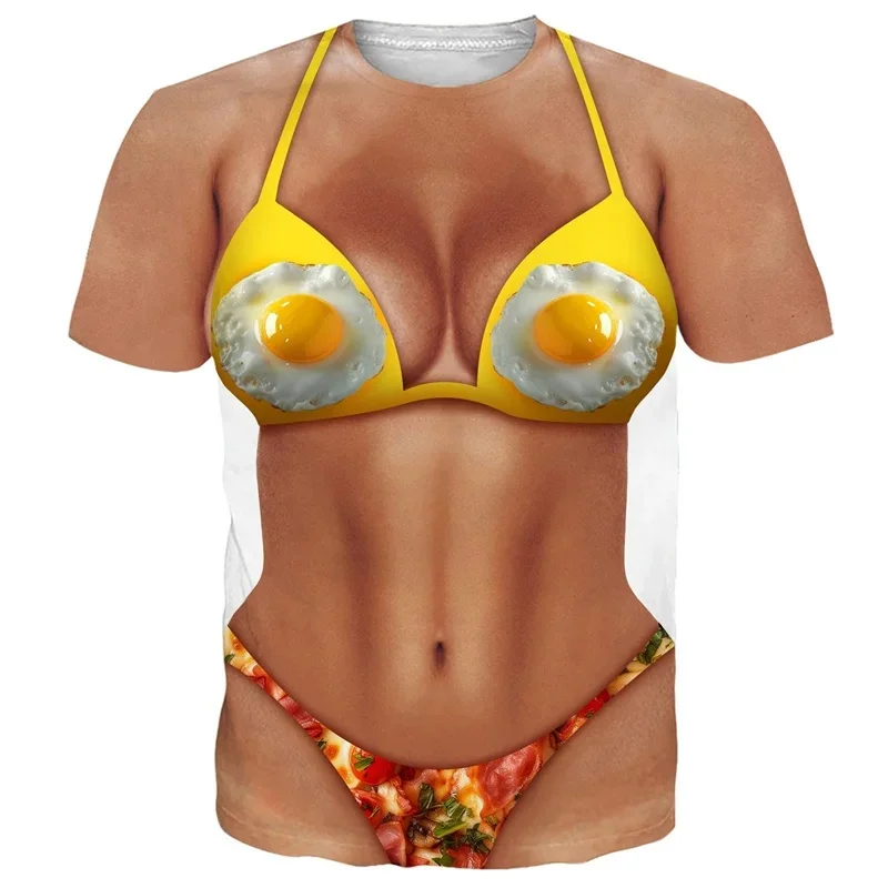 Funny bikini pattern T-shirt, 3D printed fake abdominal muscle short sleeved T-shirt, female role-playing costume, fun T-shirt