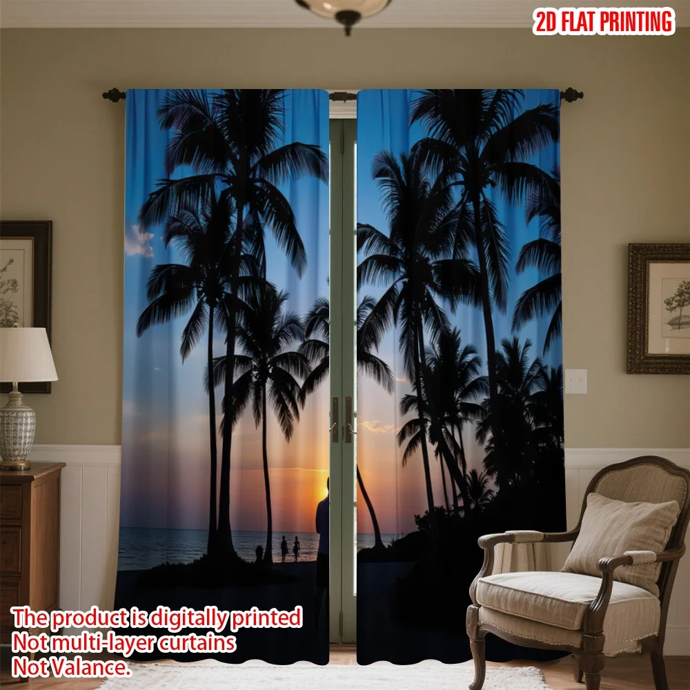 

2D flat printing 2pcs Scene Curtains Romantic Sunset Silhouette Digital Printed Polyester Drapes Holiday Decorations Use for