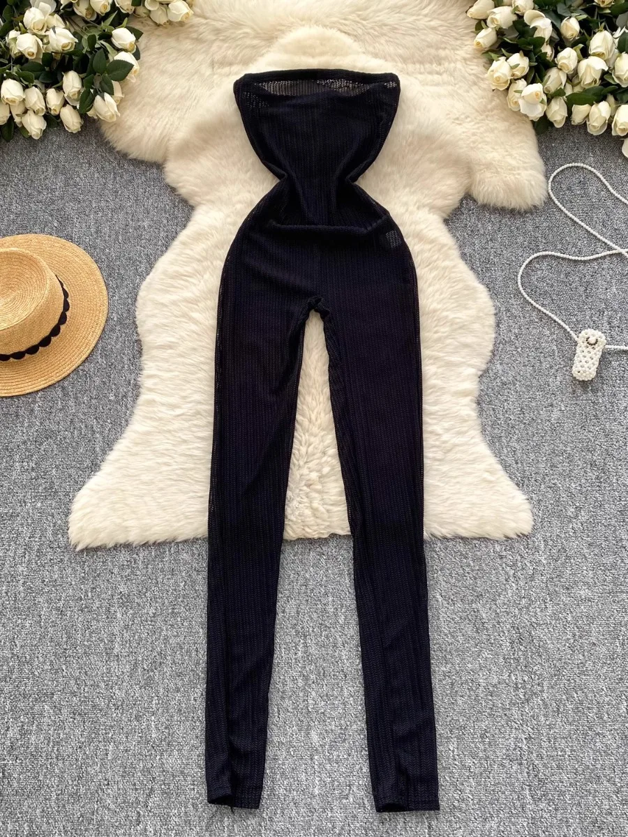 

Foamlina Sexy Sheer Tube Top Black Jumpsuit Women's Summer Slim Fit Fishnet Girl's Pure Desire Spice Girl Pants Jumpsuits