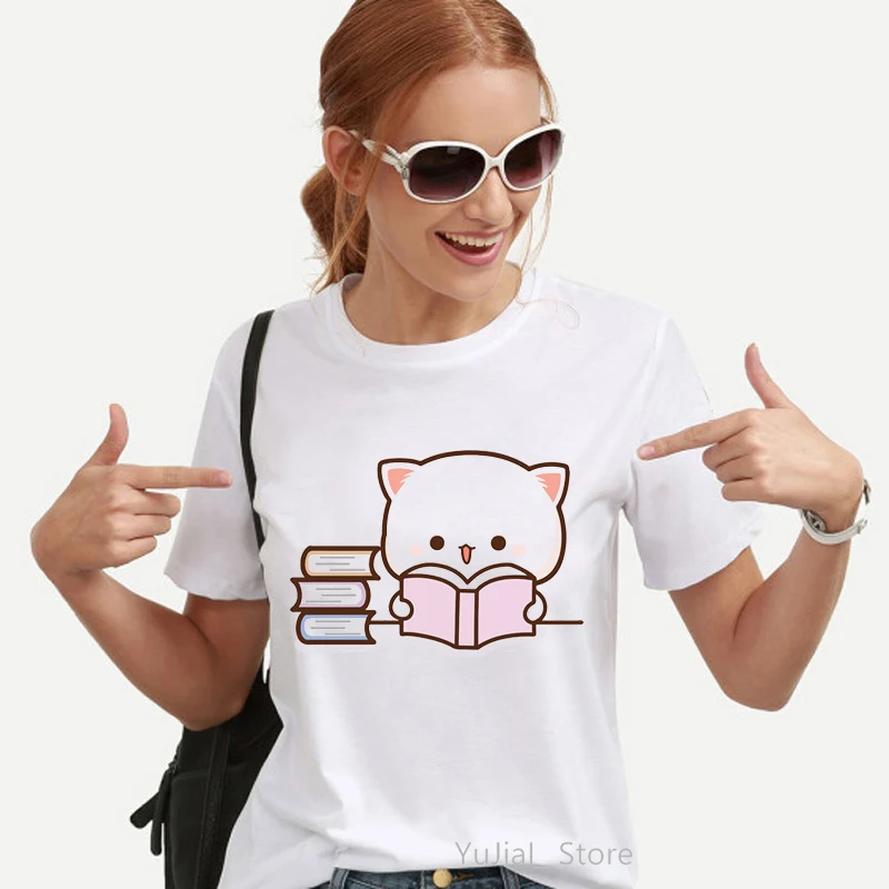 Peach And Goma Mochi Cat Love Ice Cream Cartoon Print Tshirt Women\'S Clothing Funny T Shirt Femme Harajuku Kawaii Clothes