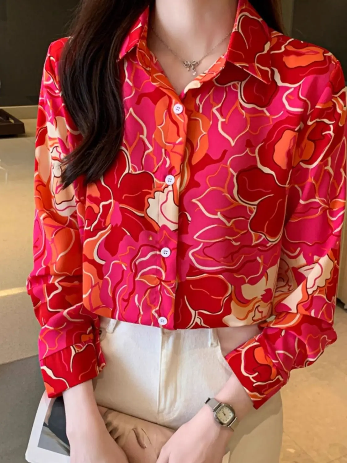 High End Red Printed Chiffon Shirt Women\'s Long Sleeved Retro Chic Outerwear Shirt Spring Autumn New Top