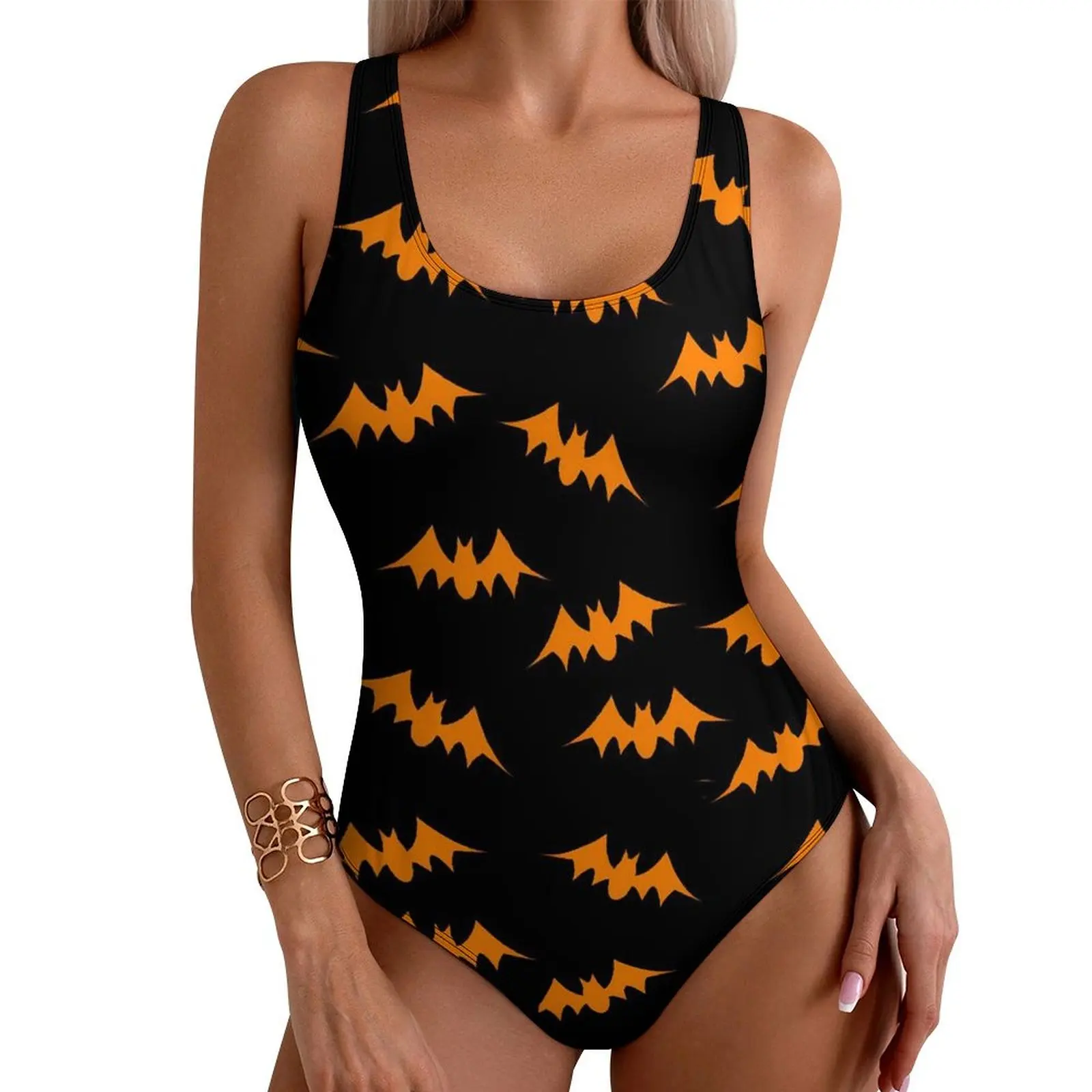Orange Bat Swimsuit Halloween Print Push Up Swimwear One-Piece Sport Monokini Bodysuit Sexy Printed Beach Outfits Plus Size