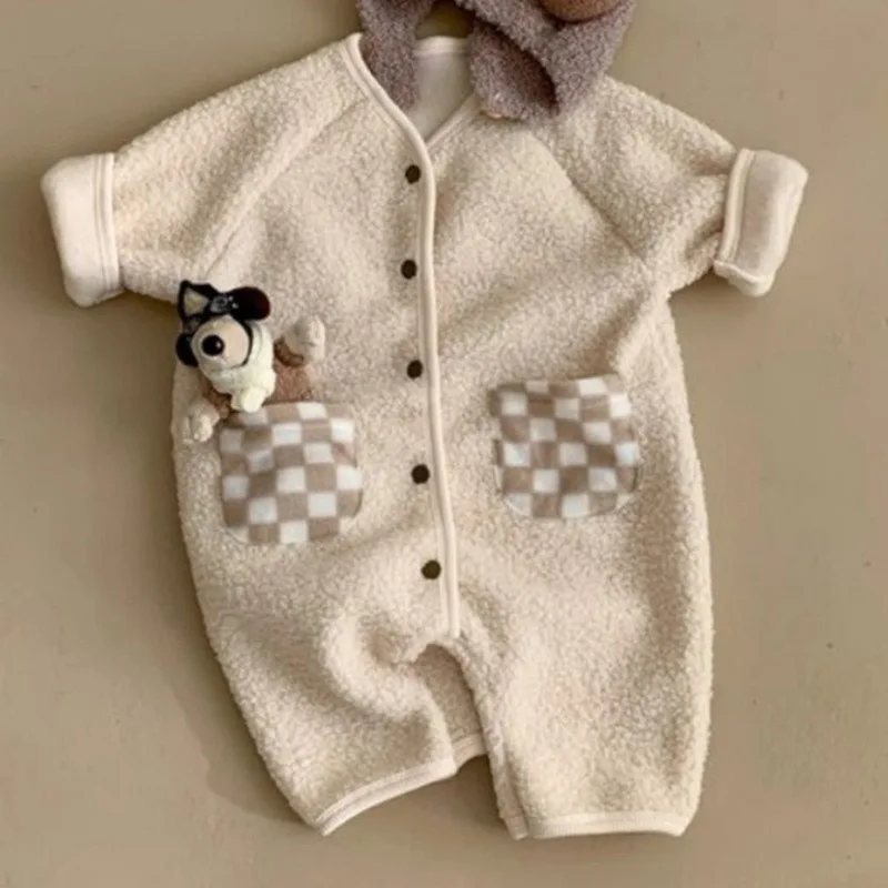 الكورية نمط الفتيات الفتيان لطيف الكرتون الزحف الملابس الكاكي المشمش الخامس الرقبة واحدة الصدر الصوف السروال القصير ملابس الطفل D2149-3 #4