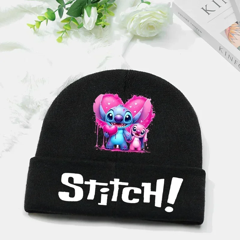 Stitch Disney Knitted Hat Autumn Winter Warm Beanie Letter Cartoon Wool Bonnet Children Outdoor Riding Casual Brimless Cap Gifts